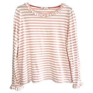 Boden Pink Striped Ruffled Collar Shirt Women's L Long Sleeve French Girl Preppy
